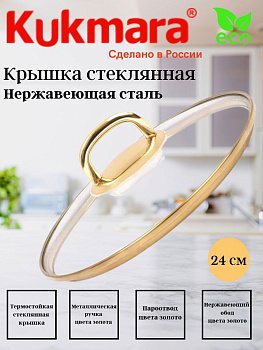 Крышка стеклянная 240мм, с ободом и пароотводом из нерж. стали под золото и ручкой-кнопкой С24Т115..