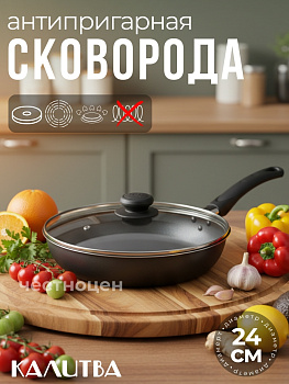 Сковорода 240мм 1 ручка,стеклянная крышка,антипригарное покрытие 39672435 "Атлас"