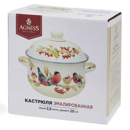 КАСТРЮЛЯ AGNESS ЭМАЛИРОВАННАЯ С ЭМАЛ.КРЫШКОЙ СЕРИЯ "СНЕГИРИ", 2.8 Л, 20*12 СМ (934-747)..