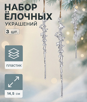 Украшение ёлочное "Сосулька с капелькам" (набор 3 шт) 14,5х1 см, прозрачный   
