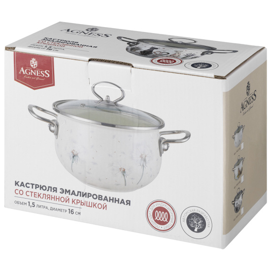 КАСТРЮЛЯ AGNESS ЭМАЛИРОВАННАЯ СО СТЕКЛЯННОЙ КРЫШКОЙ СЕРИЯ "FAMILY HOUSE", 1,5 Л ДИА.16СМ (943-065)